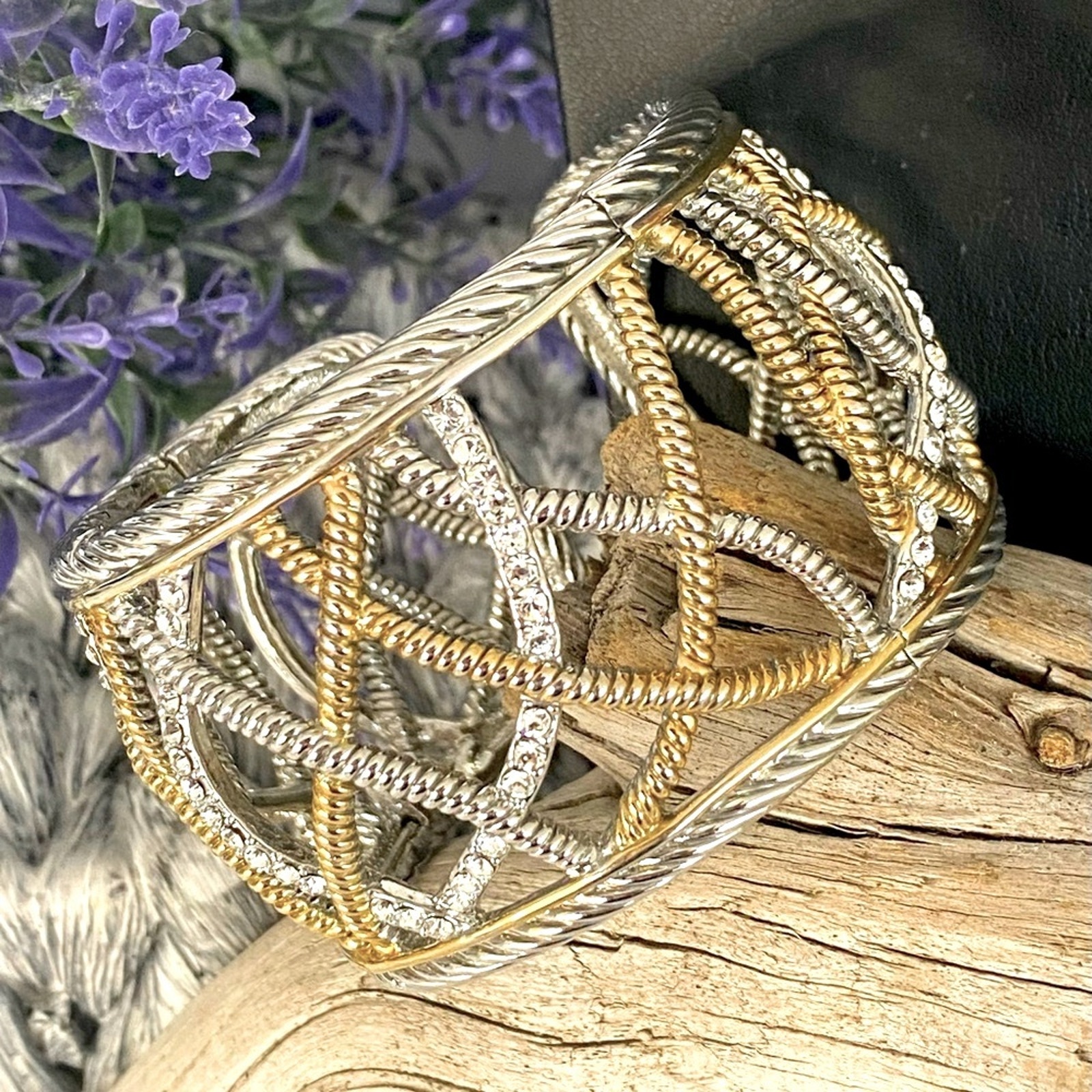 Two-Tone Silver And Gold With Rhinestones Expandable Cuff Bracelet 24$